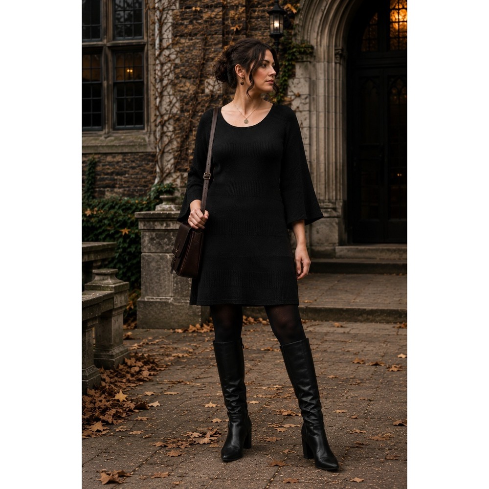 Avenue Black Sweater Dress 14/16 3/4 Bell Sleeve Textured Ribbed A-Line